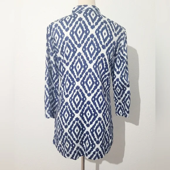 Woman's Brooks Brothers Blue Ikat Tunic Blouse 100% Cotton Size Small 3/4 Sleeve - Picture 5 of 12